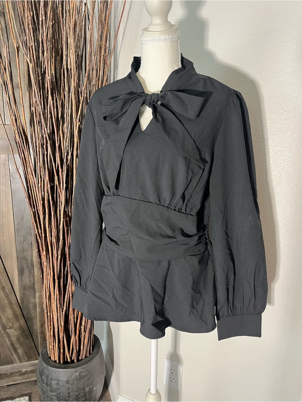 Grace Karin Black Bow-Tie Neck Blouse